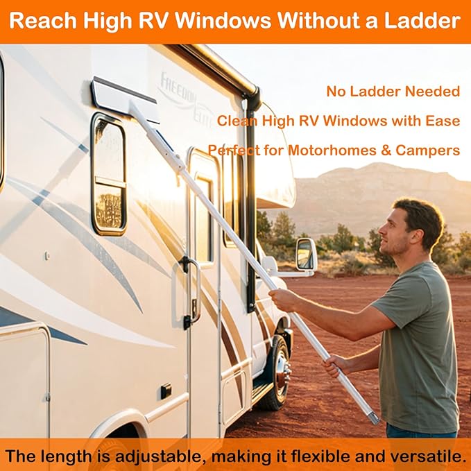 RV Window Cleaning Squeegee with Spray, Max 73.3" Handle, Motorhome & Camper Exterior Glass Cleaner, 3-in-1 Spray Mop for High Windows, Home & Car