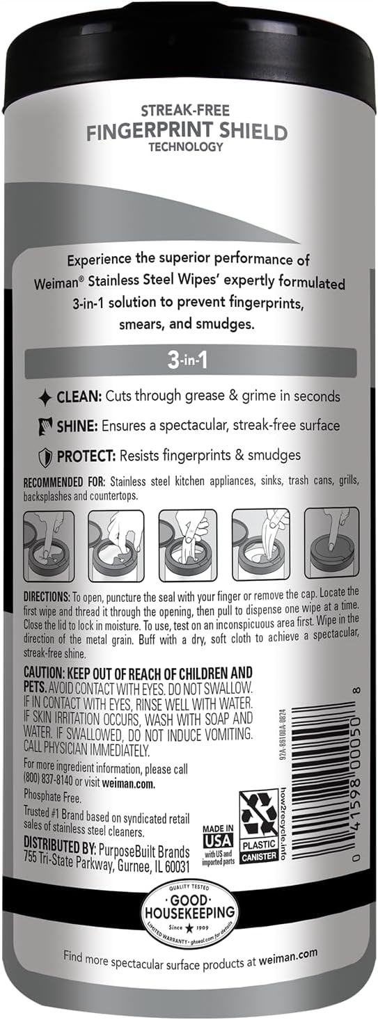 Weiman Stainless Steel Cleaner and Polish Wipes, 30 Count
