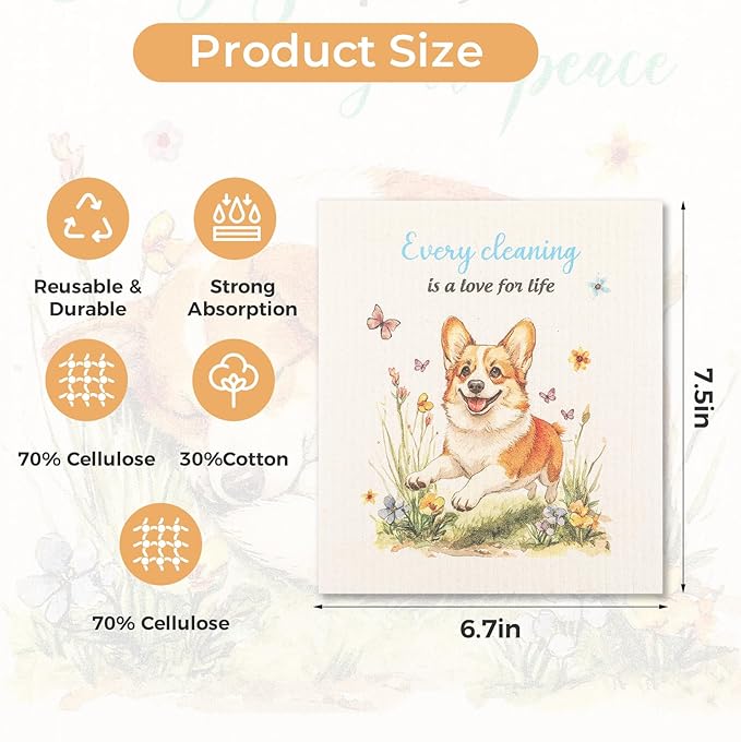 5PCS Swedish Dishcloths for Kitchen, Reusable Dish Rags for Washing Dishes with Clips, Non-Scratch Kitchen Towels and Dishcloths Sets, Washable Swedish Dish Cloths, No Odor(Dog)