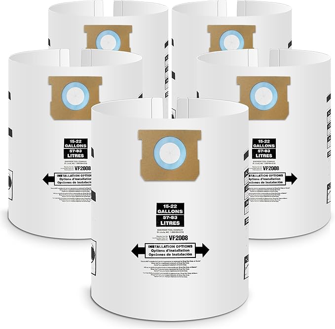 5 Pack Vacuum Bags Replacement for Shop Vac Bags 15-22 Gallon Type G 90663 9066300 Type J 90673 9067300 and VF2008, PETOX High-Efficiency Disposable Vaccum Collection Filter Bags