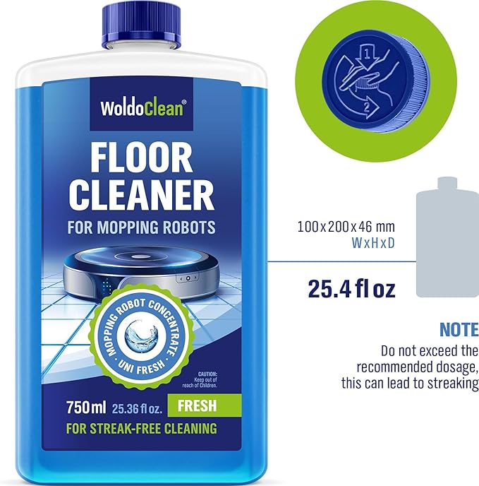 WoldoClean Floor Cleaner Solution for Robot Mops 25.36 fl.oz - Anti-Clog Formula Compatible with Roborock, Dreame, Roomba, Tineco, Professional Low-Foam Concentrate