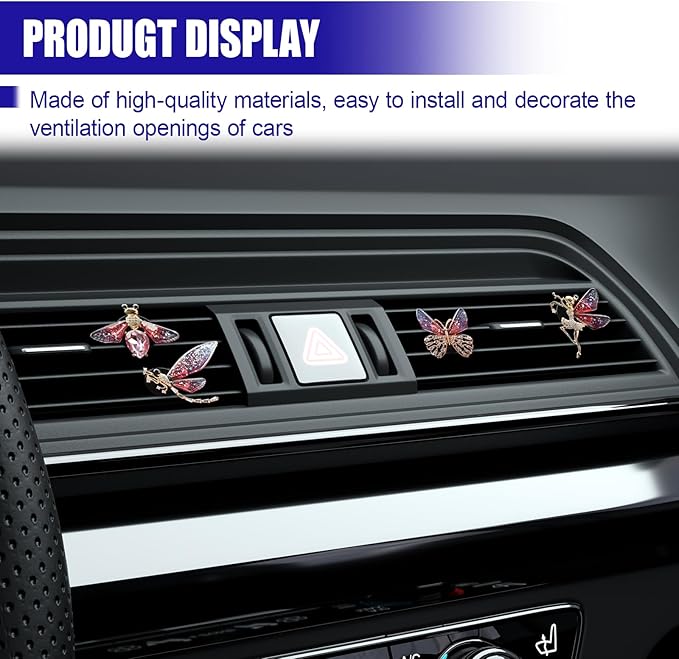 4PCS Bling Car Dashboard Air Vent Trim Clips, Sparkly Rhinestone Car Air Diffuser Clip, Cute Auto Interior Decoration Accessories for Women Present (Rose Red)