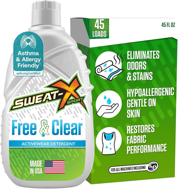 SWEAT X Free & Clear Laundry Detergent Liquid - Organic, Natural Non Toxic Laundry Detergent for Sensitive Skin - Gentle Washing Detergent for Activewear & Performance Fabrics - 45 Loads, 1 Bottle