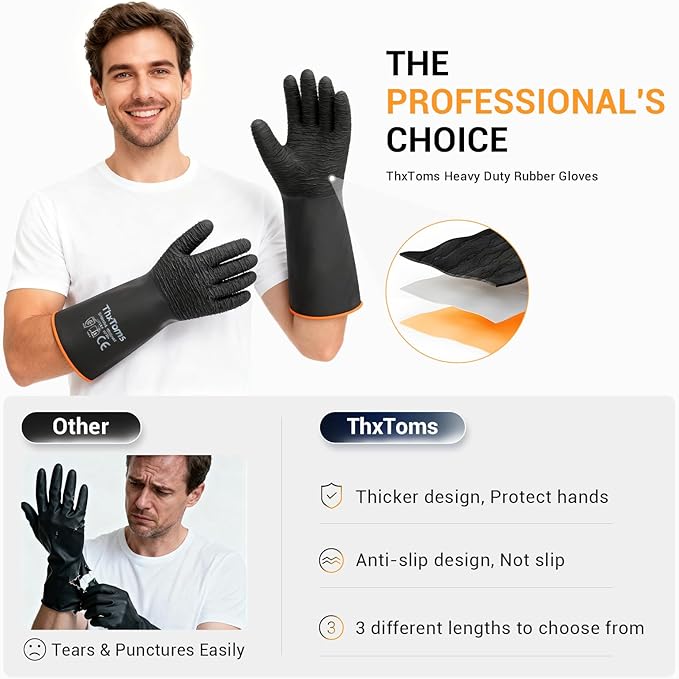 ThxToms Heavy Duty Rubber Gloves, Industrial Chemical Resistant Gloves Waterproof Reusable Protective Work Gloves for Cleaning, Dishwashing,Upgraded with Non-Slip Design, Black, 14" 1 Pair