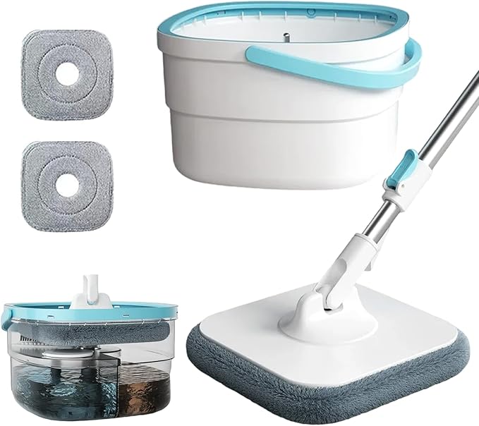 Mop and Bucket Set with Wringer, 360º Spin Mop and Bucket, 2 Microfiber Refills, Height Adjustable Handle, Kitchen Wet and Dry Use, Floor Cleaning System Spin and