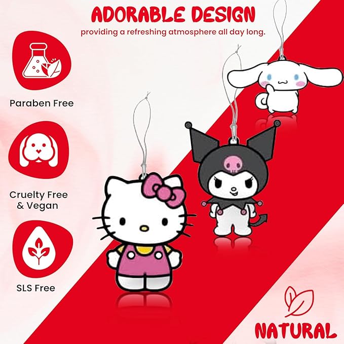Hello Kitty Air Freshener | Cinnamoroll, Kuromi, & Kawaii Kitty Air Freshner | Car & Home Use | Strawberry Scented | 3-Pack | Officially Licensed