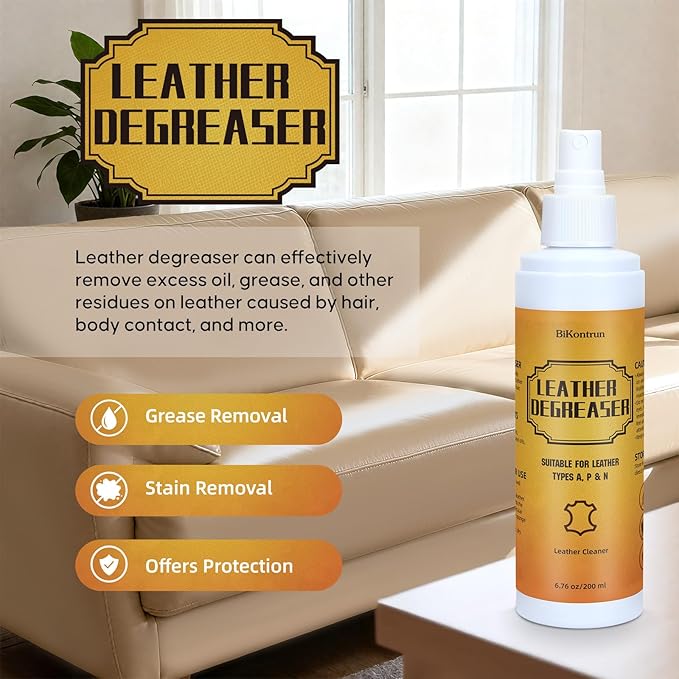 Leather Cleaner Degreaser – Quick Spray & Wipe Formula for Car Seats, Sofas, Handbags, Jackets & Shoes – Removes Grease & Oil, Gentle Leather Care, No Residue, Easy to Use