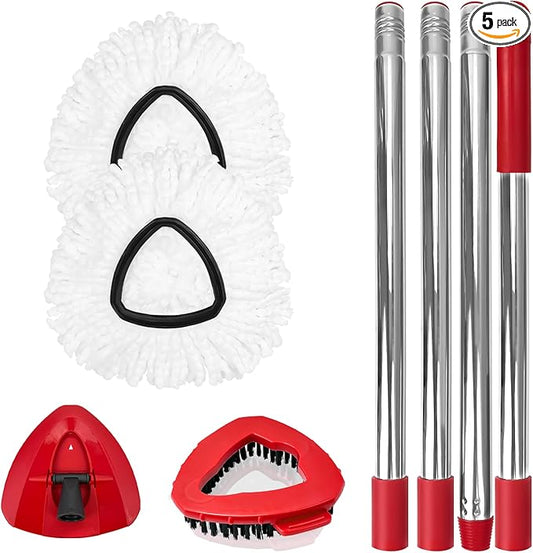 Spin Mop Replacement Set for O-Ceda EasyWring 1-Tank System, Includes 2 Mop Head Replacement, 1 Spin Base, 1 Scrubber Head, 1 Mop Handle (30-58in Adjustable 4-Section Pole)