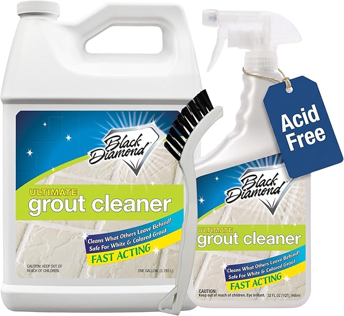Black Diamond Ultimate Grout Cleaner: Best Cleaner for Tile, Ceramic, Porcelain, Marble Acid-Free Safe Deep Cleaner & Stain Remover for Even The Dirtiest Grout. (1-Quart/1-Gallon/sm brush)