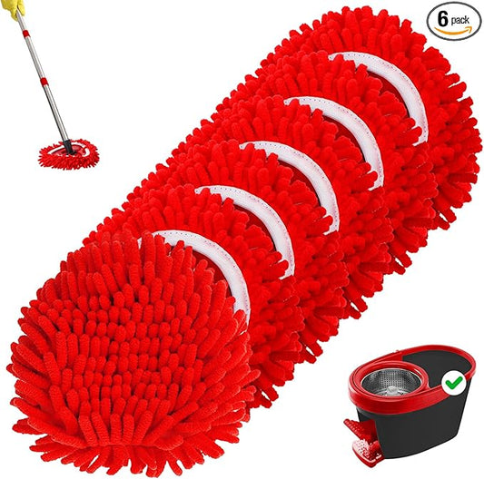 Baderke 6 Pack Chenille Mop Heads Replacements Compatible with 1 Tank System Chenille Duster Replacement Heads Microfiber Spin Mop Refill Pads Reusable Dust Refills for Floor Cleaning (Red)