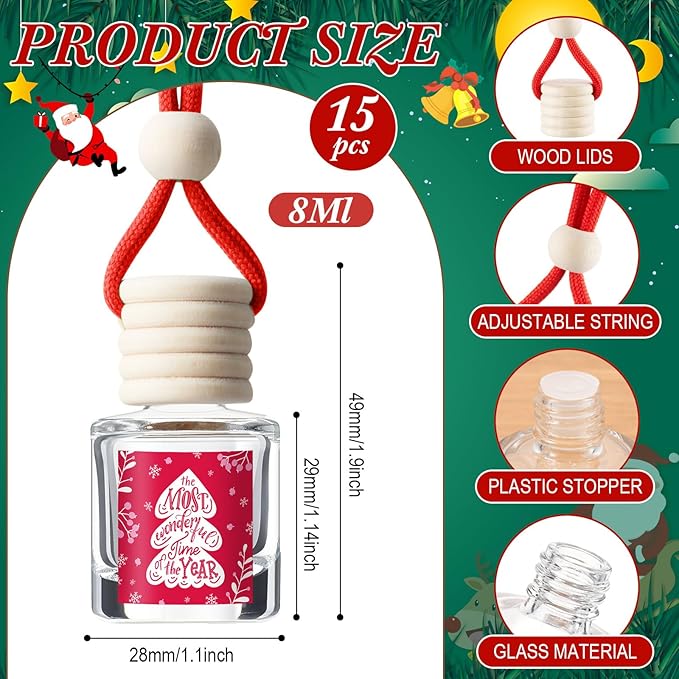 Boao 15 Pcs Christmas Employee Appreciation Gifts Hanging Car Air Freshener Diffuser Bottles Bulk Empty Perfume Glass Bottle Pendant with Christmas Tree Cards & Stickers for Essential Oil Fragrance