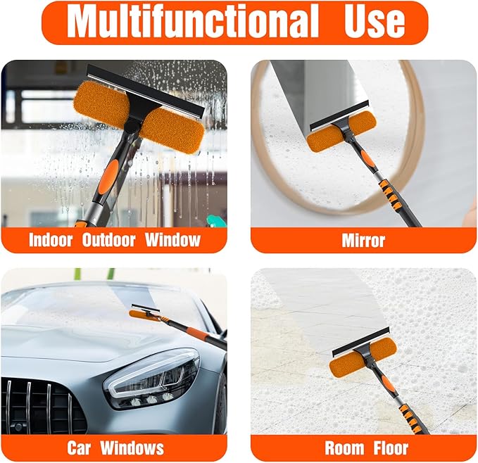 4FT Window Squeegee with Extension Pole, 2-in-1 Squeegee for Window Cleaning, Professional Cleaning Kit for Home with 4FT Telescoping Pole for Outdoor Indoor Use