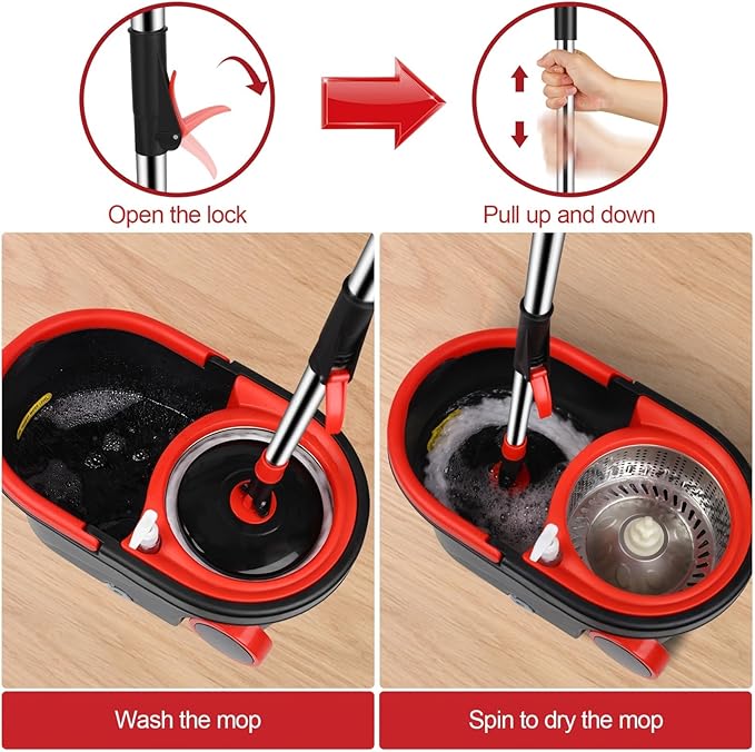 360° Spin Mop and Bucket System with Wringer - Includes 3 Microfiber Mop Refills & 50" Extended Handle for Floor Cleaning, Easy Squeeze, Efficient Home Cleaning Tool (Black) (Black Red)