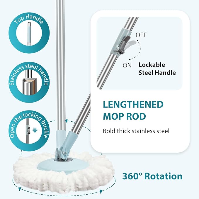 Spin Mop and Bucket with Wringer Set, Operable 360° Rotating Mop Bucket Set with 3 Microfiber Replacement Head, Stainless Steel Extended Handle for Floor Cleaning Home Office（Blue）