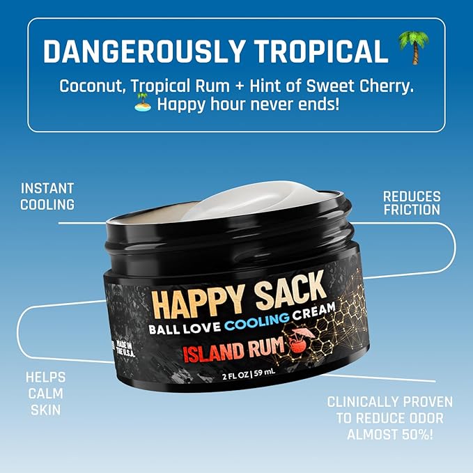 Derm Dude Happy Sack Ball Deodorant & Comfort Cream for Men | Anti-Chafing Sweat Defense, Odor Control, Aluminum-Free Deodorant & Hygiene Products for Men's Private Parts | Island Rum Scent, 2oz