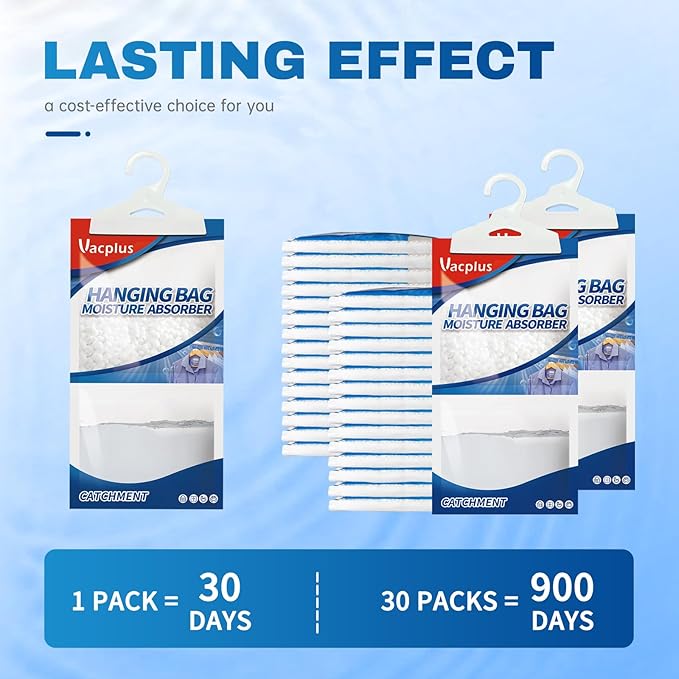 Vacplus Moisture Absorbers 30 Pack, Fragrance Free Hanging Humidity Packs with Sturdy Hook, Effective Closet Dehumidifier for Bathroom, Laundry Room, Basement, 9.8Oz
