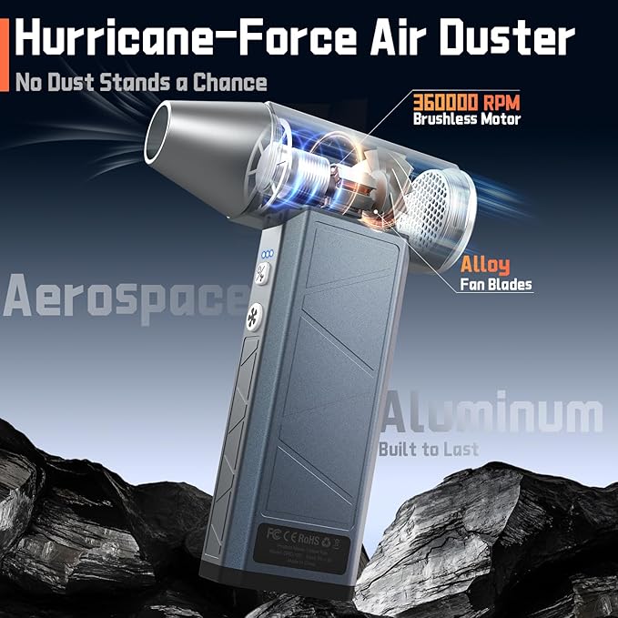 Compressed Air Duster, 360000RPM, 52m/s, Cordless Electric Air Duster with Flashlight, 4-Speed Adjustable Mini Air Blower Gun, USB-C Charging
