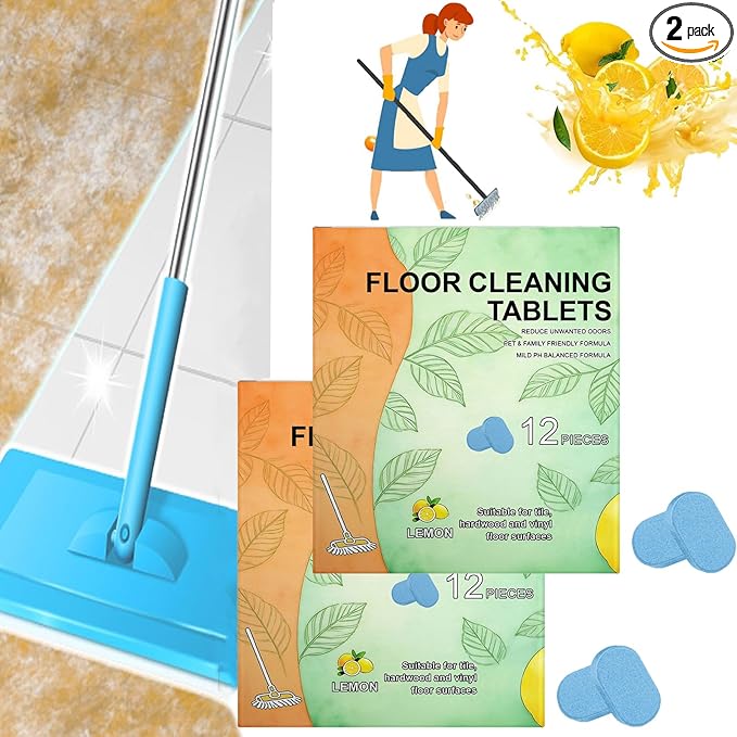 Floor Cleaning Tablets, 12pcs Floor Cleaner Tablets Hard Floor Cleaner Tablets, Floor Cleaning Tablets for Mopping, Pre-Measured Dissolvable Cleaning Solution for Wood Tile Marble, Lemon Scent (24PCS)