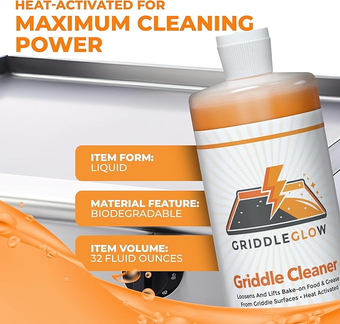 Griddle & Flat Top Grill Biodegradable Cleaner. Easy Pour Squeeze Bottle 32 oz. Fast Acting Formula, Food Safe, Glycerin-Based and Caustic Free. Heat Activated Removes Grease and Baked-on Food, Safe