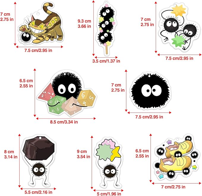 Pounchi Soot Sprite Car Air Freshener Cards (8 Pack Refreshing Ice Scent) Cute Anime Accessories for Car Interior Hanging Gift Rearview Pendant Supplies