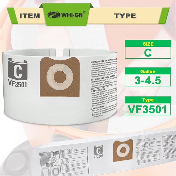 20 Pack VF3501 Repalcement Bags for Rigid Shop Vac Bags 4 Gallon Size c, compatible with RIDGID 3-4.5 Gallon Wet/Dry Vacuums, High Efficiency Dust Filter Bags, Part# 23738 WS32045F
