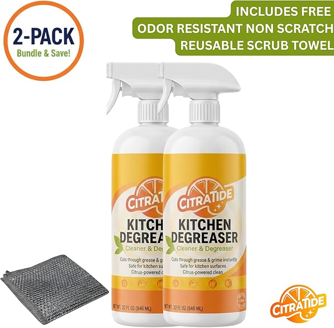 Kitchen Degreaser Spray – Heavy Duty Plant-Based Citrus Cleaner for Countertops, Stovetops & Appliances – Non-Toxic, USA Made Value Pack (2 Bottles) + FREE Odor-Resistant Scrub Towel
