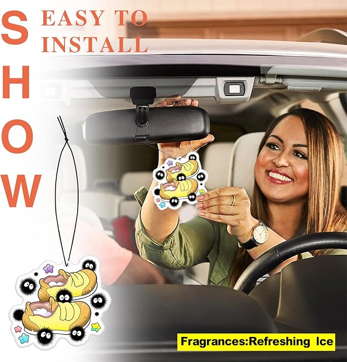 Pounchi Soot Sprite Car Air Freshener Cards (8 Pack Refreshing Ice Scent) Cute Anime Accessories for Car Interior Hanging Gift Rearview Pendant Supplies