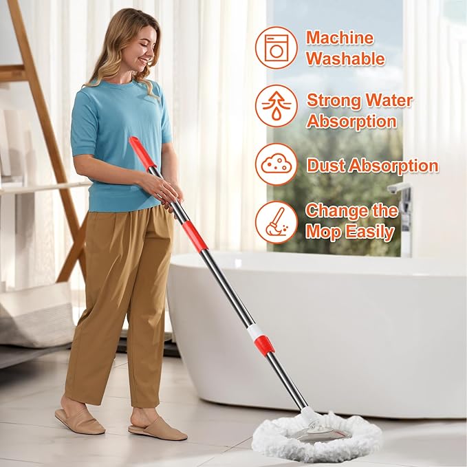 Spin Mop and Bucket with Wringer Set, 360°Spinning Mop Bucket System with Floor Scrub Brush 6 Microfiber Mop and Adjustable Long Handle for Floor Cleaning Dry and Wet Use