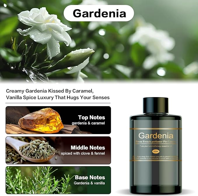 Car Air Freshener Refill for Men & Women 6.09 FL OZ /180ML-9 Month Gardenia Scent Essential Oil Perfume, Essential Oil Made of Natural Plant Extracts, Compatible with Car Diffusers for Home/Office