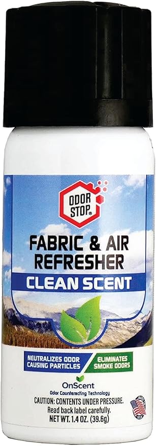 Odor Stop Fabric & Air Refresher, Fights Strong Odors, Fabric Freshener For Car Interiors, Closets, Upholstery, Curtains, & Carpets, Travel Size - CLEAN SCENT - 1.4 oz Cans