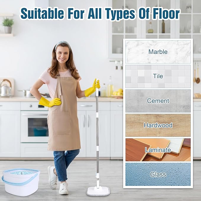 Spin Mop and Bucket Set with Self Separation Dirty and Clean Water System Self Wringing 180 °Rotating Clean Mop-Head for Hardwood Tile Marble Floor (Square Spin Mop, 2 Replaceable Microfiber Mop Pads)