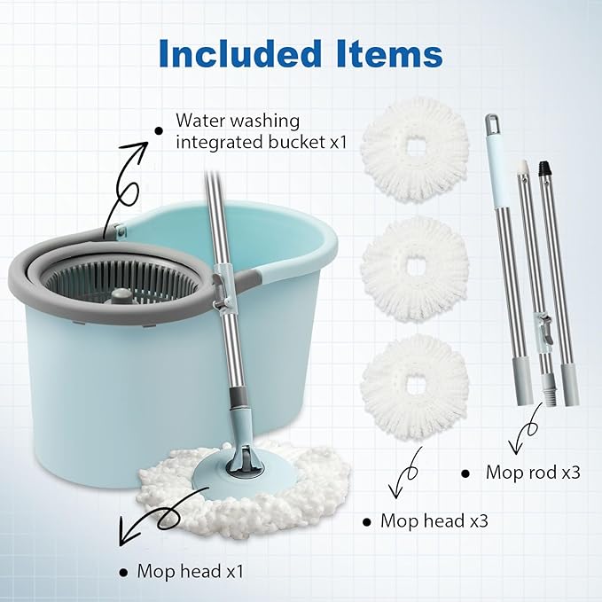 Spin Mop and Bucket, Mop and Bucket with Wringer Set for Home, 360 Spinning Mop Bucket Floor Cleaning Tool with 3 Microfiber Mop Replacement Head Refills,50" Extended Handle for Floor Cleaning Home