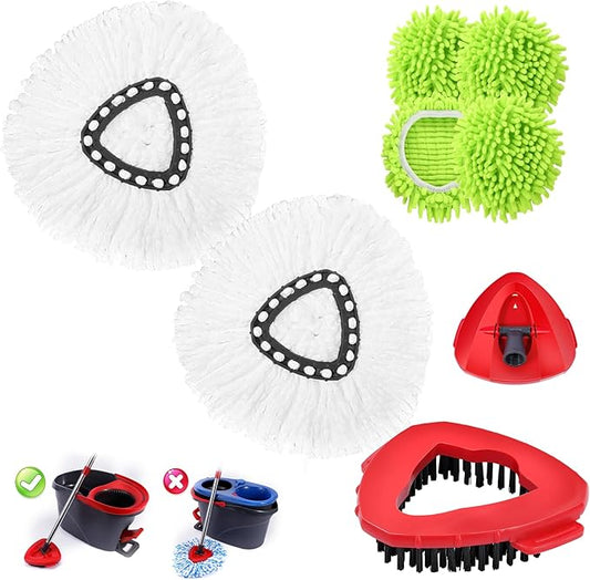 Chenille Mop Heads Replacements 4 Pcs & 2 White Mircofiber &1 Brush Head & 1 Base Set for Ocedar Easywring 1-Tank System,Reusable Microfiber Spin Mop Replacement Head for Floor Cleaning and Tile