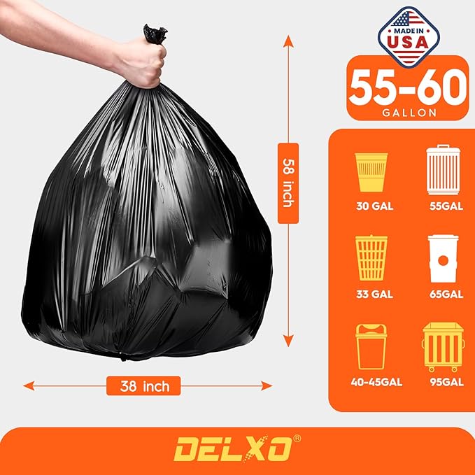 Delxo 55-60 Gallon Trash Bags, 100 Count – 0.9 Mil Medium Duty Garbage Bags, Durable & Puncture-Resistant Plastic Bolsas para basura, Perforated Design– Made in USA for Kitchen, Yard, Office (Black)