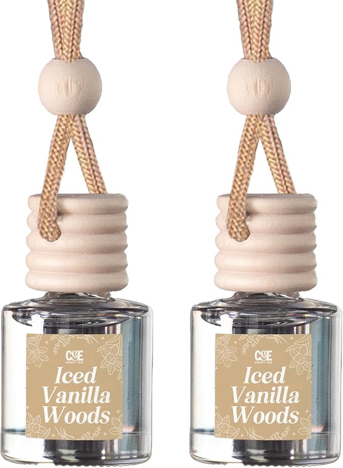 C&E Craft Co Hanging Car Air Freshener Diffuser 2 Pack, Long Lasting Fragrance Oil Car Freshener, Glass Bottle Auto Air Freshener, Made in USA (Iced Vanilla Woods)