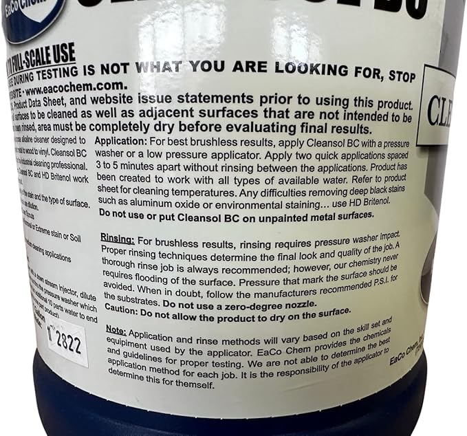 EaCo Chem Cleansol BC - Brushless Oxidation and Soil Remover for Most Surfaces - Highly Dilutable, All-Purpose Cleaner - Remove Deep Staining from Painted Metal, Wood, Vinyl + More! - 5 GALLON