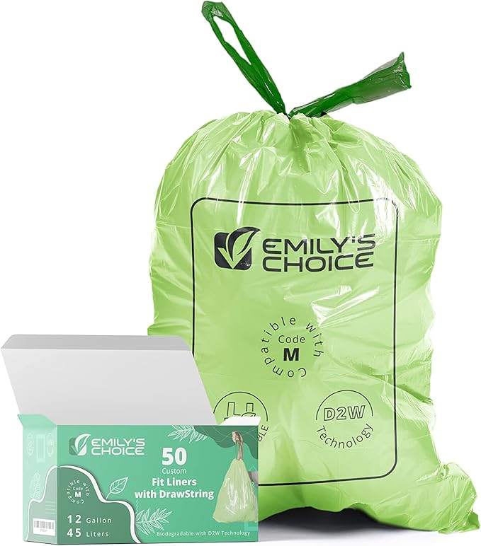 Emily's Choice Heavy Duty Biodegradable Trash Bag Code M (50 Count)with D2W Technology, Custom Fit Trash Bag compatible with Simplehuman Code M trash bins, 45L / 12 Gallons 1.2 MIL / 30 Micron