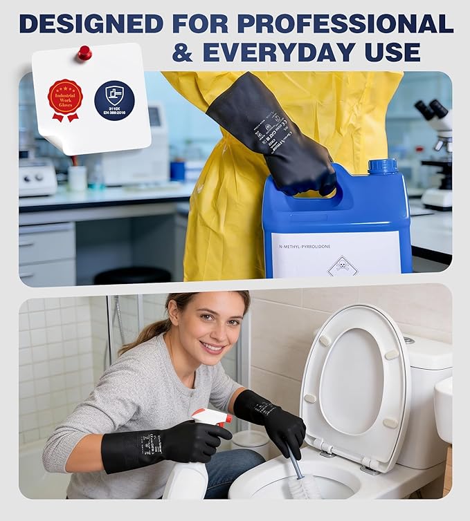 Heavy Duty Rubber Safety Work Gloves, Chemical Resistant Latex Gloves for Cleaning, Acid & Alkali Protection, Hazmat Use, Black, X-Large