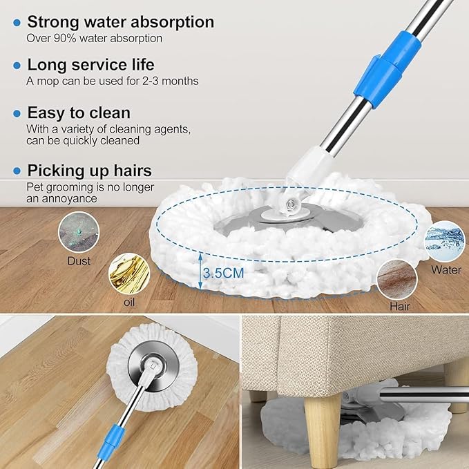 360° Spin Mop and Bucket System with Wringer - 61" Stainless Steel Handle & 3 Microfiber Refills, Self-Cleaning Floor Mop for Tile, Hardwood, Laminate Floors (Blue and White)