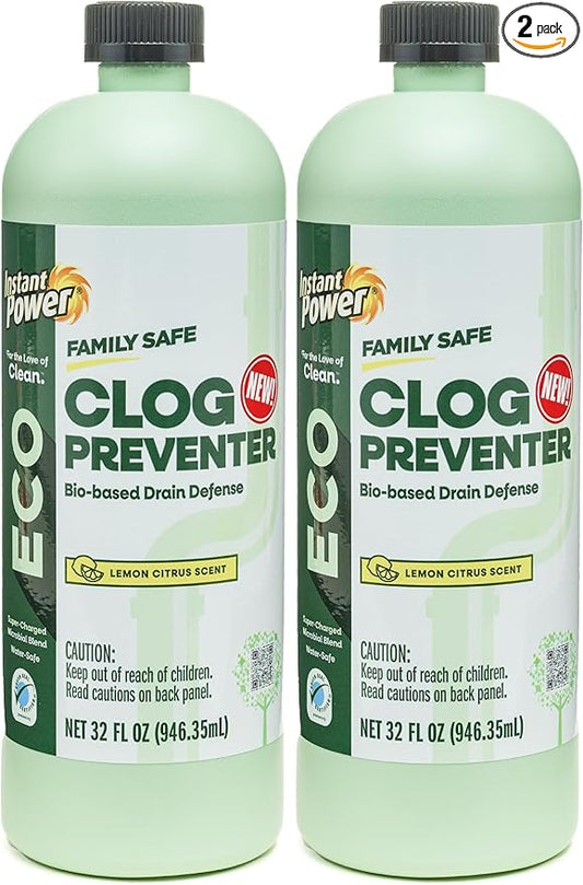 Instant Power Eco Clog Preventer - Enzyme Drain Cleaner Liquid and Deodorizer for Sink, Shower, Toilet, Garbage Disposal Cleaner, Bio-Based Drain Defense, Smell Remover and Odor Eliminator - 32 fl oz