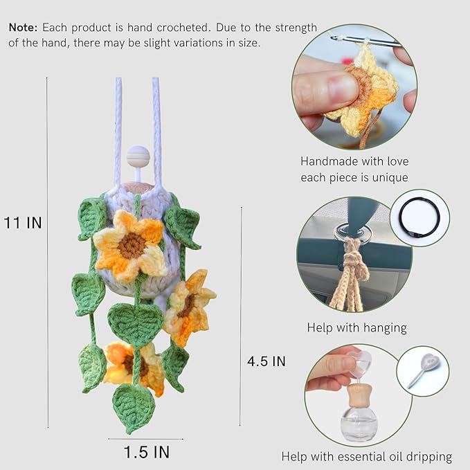 Handmade Crochet Hanging Car Air Freshener - Sunny Sunflower Design, 12ml Refillable Thick Glass Bottle, Car Diffuser for Rearview Mirror, Home & Office Cheerful Decor