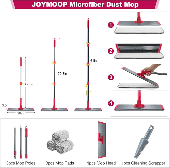 JOYMOOP 18 Inch Dust Mop for Hardwood Floors, Heavy Duty Industrial Wet Dry Mops with Telescopic Handle, Includes 3 Microfiber Mop Pads - Red-Grey