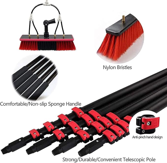 Water Fed Pole Kit, 12Ft-36Ft Length Water Fed Brush, Outdoor Window Glass Cleaner Solar Panel Cleaner Extendable Telescopic Pole Water Fed Brush Spray Washer Pole Kit,36
