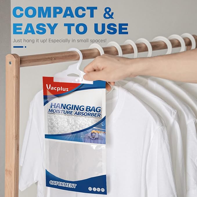 Vacplus Moisture Absorbers 30 Pack, Fragrance Free Hanging Humidity Packs with Sturdy Hook, Effective Closet Dehumidifier for Bathroom, Laundry Room, Basement, 9.8Oz