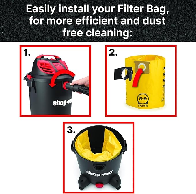 Shop-Vac 9067133 High Efficiency Disposable Vacuum Filter Bags, Fits 5-8 Gallon Tanks, Enhanced Filtration and Dust Control, (2-Pack)