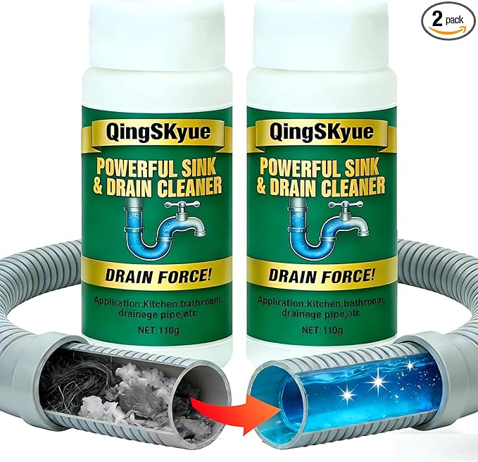 2 Pack Drain Cleaner & Clog Remover, Fast Foaming Powder (110g Each), Unscented for Kitchen Sink, Bathroom & Floor Drains