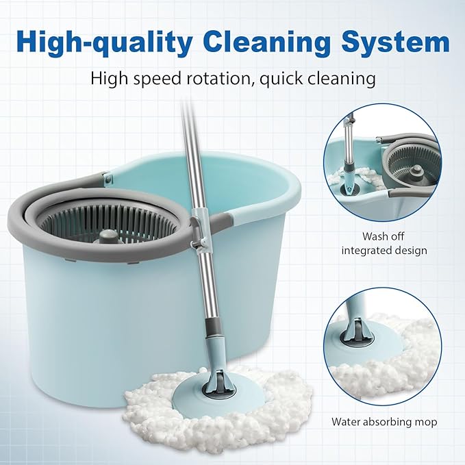 Spin Mop and Bucket, Mop and Bucket with Wringer Set for Home, 360 Spinning Mop Bucket Floor Cleaning Tool with 3 Microfiber Mop Replacement Head Refills,50" Extended Handle for Floor Cleaning Home