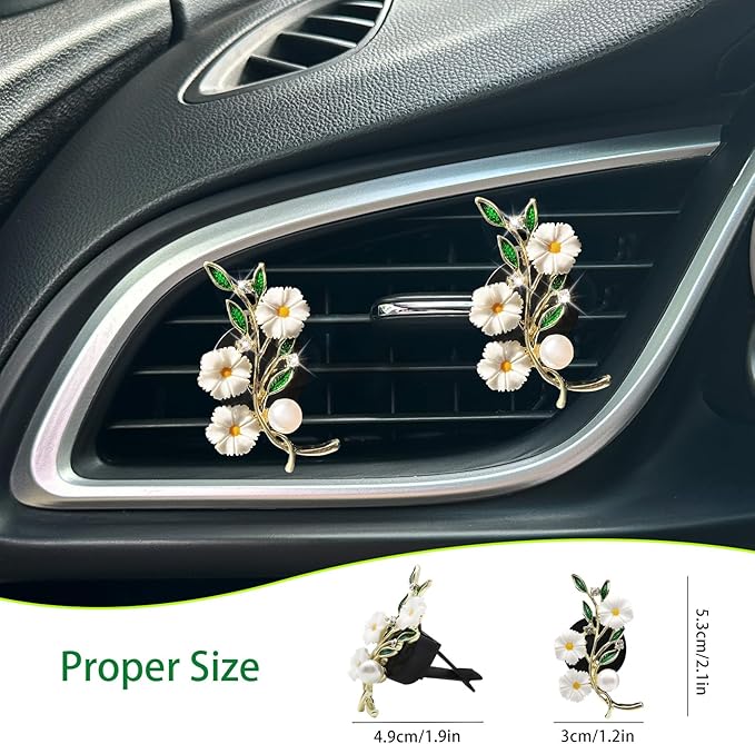 Flowers Car Accessories,2pcs White Daisy Green Leaves Air Vent Clips Car Air Freshener,Flower Car Decor for Women,Girly Refillable Diffuser