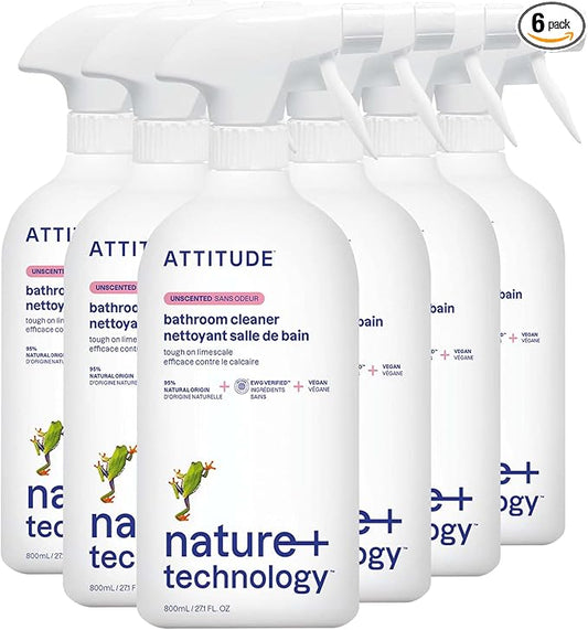ATTITUDE Bathroom Cleaner Spray, EWG Verified, Plant-Based & Vegan, Safe for Bathroom Surfaces, Tiles, Tubs, Shower Walls, and Grout, Unscented, 27.1 Fl Oz (Pack of 6)