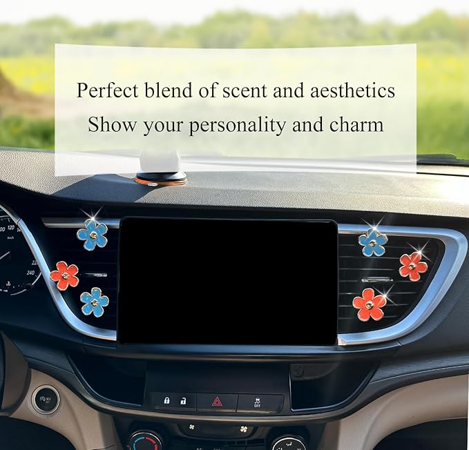 Flower Car Accessories,6pcs Daisy Car Air Freshener Vent Clips,3.3cm/3cm Blue Orange Flowers Decor,Refillable Diffusers for Women